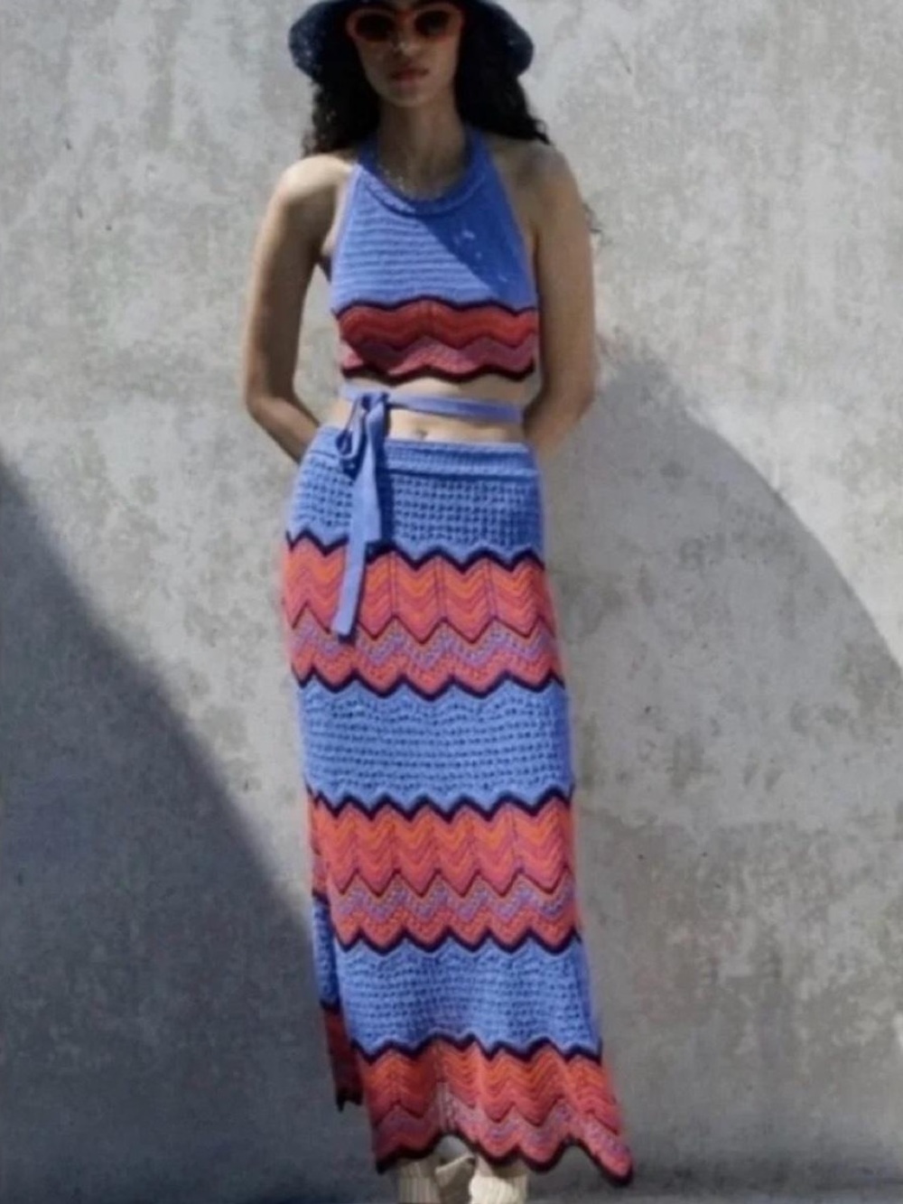 Zara Blue Maxi Skirt with Pink Orange Chevron Accents. Part of Co-ord